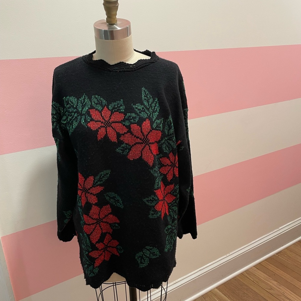 Vintage poinsettia Christmas sweater tunic with lurex size m